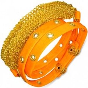 Šperky eshop - Náramok z umelej kože - retiazky zlatej farby, neónovo oranžový vybíjaný pás AB1.08