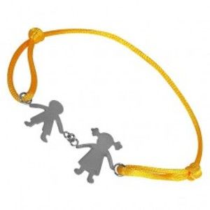 Šperky eshop - Náramok zo striebra 925 - chlapec a dievča na žltej šnúrke, spojení rukami T20.14