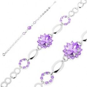 Šperky eshop - Náramok zo striebra 925, lesklé články, fialový zirkónový kvet, obrysy zrniek AC17.24