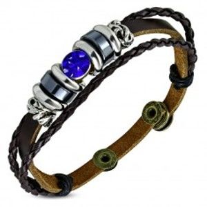 Šperky eshop - Náramok zo syntetickej kože - pás a dva úzke pletence, modrý zirkón, korálky SP16.05