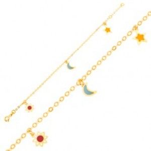Šperky eshop - Náramok zo žltého 9K zlata - bielo-červený kvietok, mesiac, hviezda, retiazka GG01.30