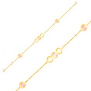 Šperky eshop - Náramok zo žltého 9K zlata - retiazka, ružové a biele srdiečka v kruhoch GG03.41
