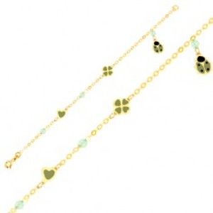 Šperky eshop - Náramok zo žltého 9K zlata - retiazka, srdce, štvorlístok, lienka s emailom, guľky GG01.67