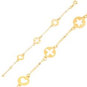 Šperky eshop - Náramok zo žltého 9K zlata - retiazka, známky so srdcom, krížom a hviezdou GG06.39
