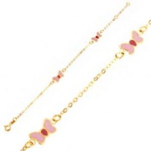 Šperky eshop - Náramok zo žltého 9K zlata - ružovo-červené glazúrované motýliky, retiazka GG06.43