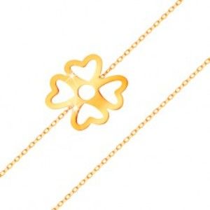 Šperky eshop - Náramok zo žltého zlata 585 - štvorlístok pre šťastie s výrezmi, lesklá retiazka GG159.13