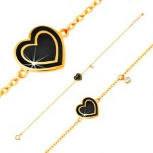 Šperky eshop - Náramok zo žltého zlata 585, prívesky - zirkónik a srdce s čiernou glazúrou GG136.25
