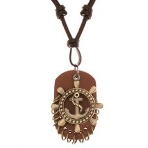 Šperky eshop - Nastaviteľný kožený náhrdelník - kormidlo s kotvou, známka z kože Y42.18