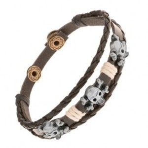 Šperky eshop - Nastaviteľný kožený náramok, oceľové lebky s kosťami, béžové šnúrky Y47.01