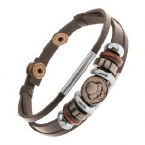 Šperky eshop - Nastaviteľný kožený náramok z troch pásov, korálky, oceľový kruh s lebkou Y46.08