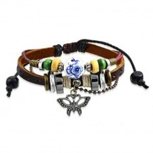 Šperky eshop - Nastaviteľný multinarámok - kožený pás, prívesok v tvare motýľa, šnúrky, korálky SP19.03