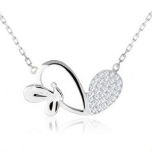 Šperky eshop - Nastaviteľný náhrdelník, asymetrické srdce, lesklý motýlik, striebro 925 SP61.05