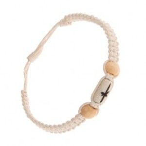 Šperky eshop - Nastaviteľný náramok, biela farba, drevené korálky - valec, guličky SP90.28