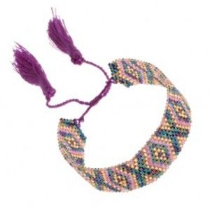 Šperky eshop - Nastaviteľný náramok, korálky, dúhový lesk, ružová farba, vzor - kosoštvorce SP89.23