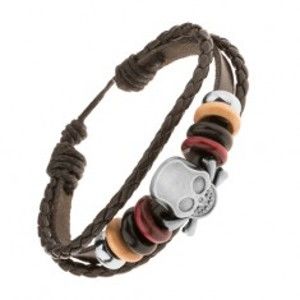 Šperky eshop - Nastaviteľný náramok z pásov umelej kože, korálky, oceľová lebka s kosťami Y44.08