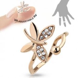 Šperky eshop - Nastaviteľný prsteň medenej farby, ligotavý motýľ, zvlnené ramená SP65.05