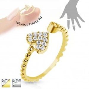 Šperky eshop - Nastaviteľný ródiovaný prsteň, vrúbky na ramenách, srdiečko a číry zirkón AC21.31 - Farba: Zlatá