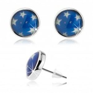 Šperky eshop - Náušnice cabochon, číra glazúra, biele hviezdy, modrý podklad, puzetky SP71.24