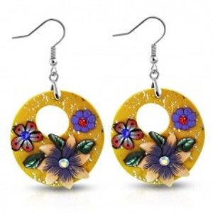 Šperky eshop - Náušnice FIMO, visiace oranžové kruhy s kvetmi a okrúhlym výrezom AA14.15