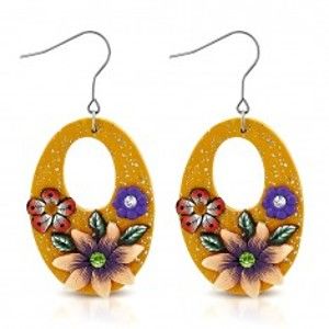 Šperky eshop - Náušnice FIMO, visiace oranžové ovály s kvetmi a výrezmi AA20.18