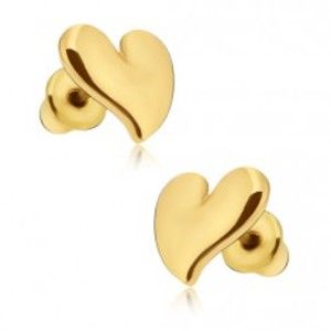 Šperky eshop - Náušnice lesklej zlatej farby, asymetrické srdce S10.07