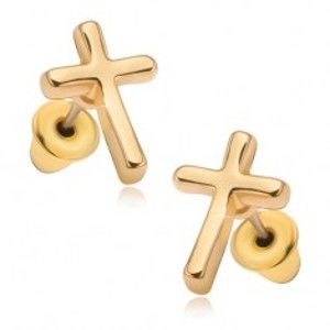 Šperky eshop - Náušnice s lesklým povrchom v zlatej farbe, latinský kríž S13.15