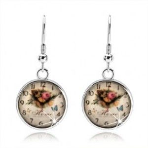 Šperky eshop - Náušnice, štýl cabochon, glazúra, obrázok hodiniek, ruže, anglický nápis SP71.16