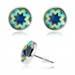 Šperky eshop - Náušnice, štýl kabošon, glazúra, strieborná farba, modrá hviezda SP77.07