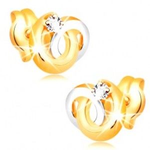 Šperky eshop - Náušnice v 14K zlate - dvojfarebné prepojené prstence, žiarivý číry briliant BT501.19