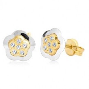 Šperky eshop - Náušnice v 14K zlate - dvojfarebný kvet so vsadenými čírymi zirkónmi GG20.09
