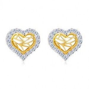 Šperky eshop - Náušnice v 14K zlate - srdiečko so zirkónovým obrysom a výrezmi v strede GG20.33