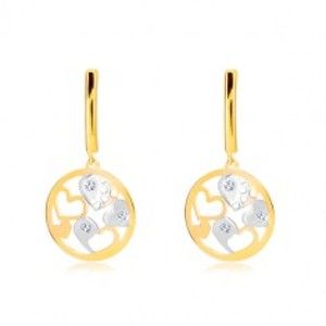 Šperky eshop - Náušnice v 14K zlate - úzky pás, kruh s dvojfarebnými srdiečkami, zirkóny GG35.22