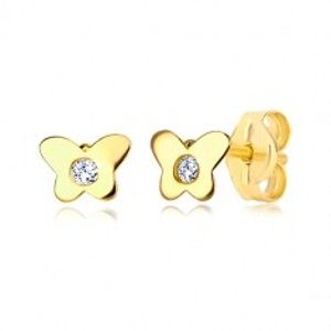 Šperky eshop - Náušnice v 14K žltom zlate - motýlik s čírym zirkónom, puzetové zapínanie GG36.34