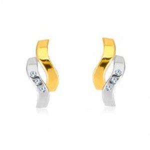 Šperky eshop - Náušnice v kombinovanom 14K zlate - dve zvlnené línie, drobné zirkóny GG37.13