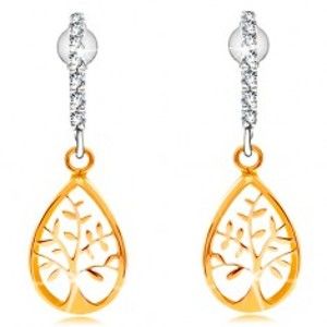 Šperky eshop - Náušnice v kombinovanom 14K zlate - oblúk z čírych zirkónikov, strom života GG204.34