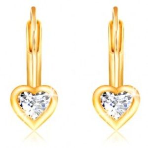 Šperky eshop - Náušnice v žltom 14K zlate - číry srdcový zirkón s lesklým lemom GG209.51