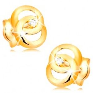 Šperky eshop - Náušnice v žltom 14K zlate - dva prepojené prstence, briliant uprostred BT500.98