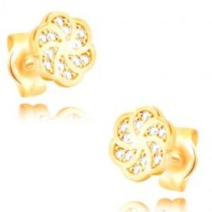 Šperky eshop - Náušnice v žltom 14K zlate - kvietok s hladkými obrysmi lupeňov a zirkónmi GG210.55