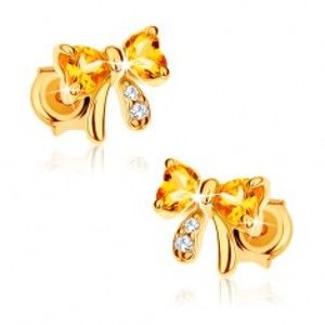 Šperky eshop - Náušnice v žltom 14K zlate - mašľa zo žltých citrínových sŕdc, číre zirkóny GG88.31