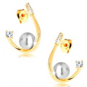 Šperky eshop - Náušnice v žltom 14K zlate - oblá zahnutá línia, biela perla a zirkóny GG117.05