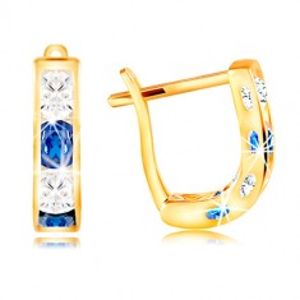 Šperky eshop - Náušnice v žltom 14K zlate - oblúčik zo zirkónov čírej a modrej farby GG210.47