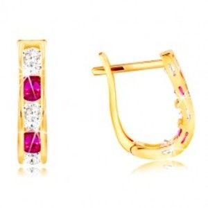 Šperky eshop - Náušnice v žltom 14K zlate - oblúčik zo zirkónov čírej a ružovej farby GG210.49