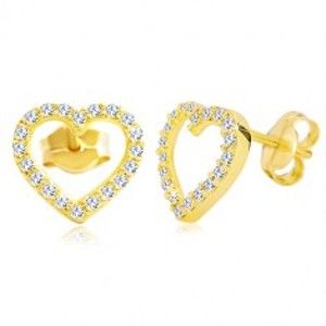Šperky eshop - Náušnice v žltom 14K zlate - obrys srdca zdobený čírymi zirkónmi GG20.13
