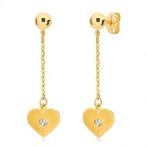Šperky eshop - Náušnice v žltom 14K zlate - ploché srdce visiace na retiazke, zirkón GG20.39