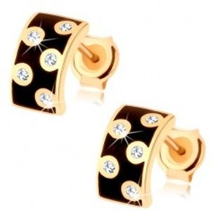 Šperky eshop - Náušnice v žltom 14K zlate - širší polkruh s glazúrou čiernej farby, číre zirkóny GG87.08