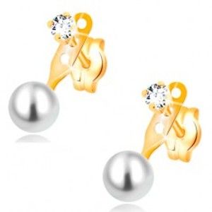 Šperky eshop - Náušnice v žltom 14K zlate, číry zirkón a guľatá biela perla, puzetky GG16.21