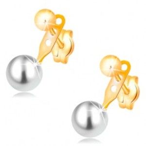 Šperky eshop - Náušnice v žltom 14K zlate, lesklá hladká guľôčka a biela perla GG16.23