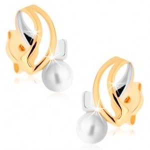 Šperky eshop - Náušnice v žltom 9K zlate - dvojfarebné pretínajúce sa línie, biela perla GG72.04