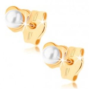 Šperky eshop - Náušnice v žltom 9K zlate - malé lesklé srdiečko, guľatá perlička GG72.01