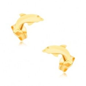Šperky eshop - Náušnice v žltom 9K zlate - plochý ligotavý skákajúci delfín GG39.02